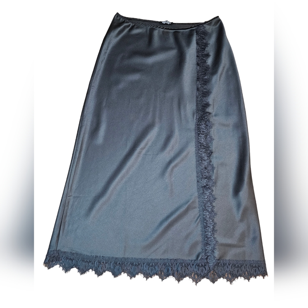NASTY GAL Black, Laced Satin Midi Skirt, Feminine, Romantic, Modest